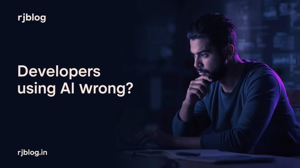 Software developers thoughtfully using AI tools on a laptop, representing common AI usage mistakes and best practices in modern coding workflows.