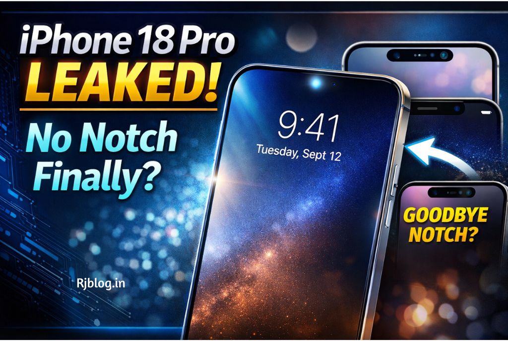 iPhone 18 Pro leaked design thumbnail showing a nearly notch-less display, under-display Face ID concept, and comparison with previous notch design.