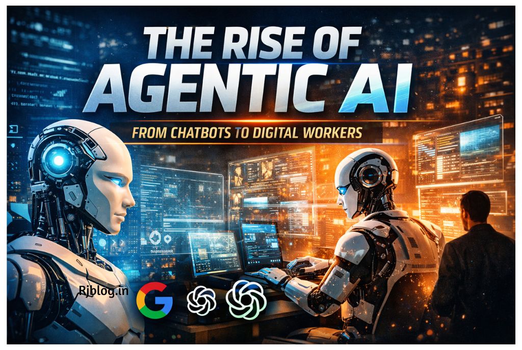 Futuristic thumbnail showing humanoid AI robots working on multiple screens with headline “The Rise of Agentic AI – From Chatbots to Digital Workers,” representing the future of autonomous AI agents.
