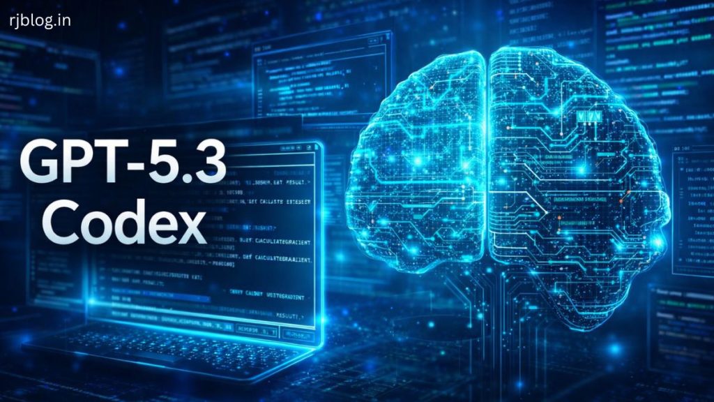 GPT-5.3 Codex AI coding model with futuristic code editor and digital brain visualization