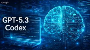 GPT-5.3 Codex AI coding model with futuristic code editor and digital brain visualization